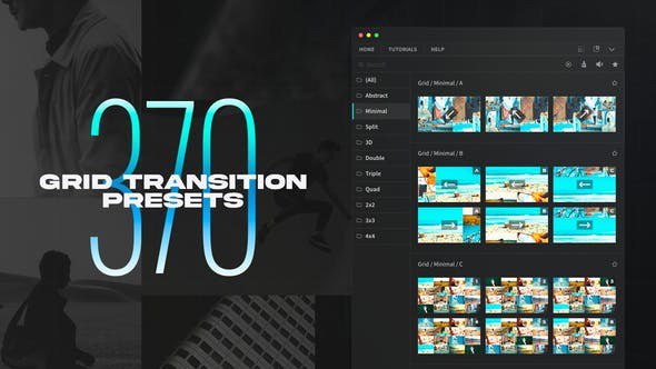 《AE预设-370组创意分屏动态视频转场GridTransitions》这套预设包含370组创意分屏动态转场，涵盖网格、几何切割等多种风格，能一键生成专业级分屏动画