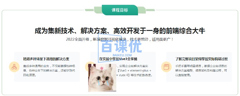 资源: 全新升级，基于Vue3新标准，打造后台综合解决方案 课程深度整合Vue3生态链，采用工程化标准开发模式，提供可复用《全新升级，基于Vue3新标准，打造后台综合解决方案》的通用解决方案与权限管理体系反差，助力开发者快速构建企业级后台系统